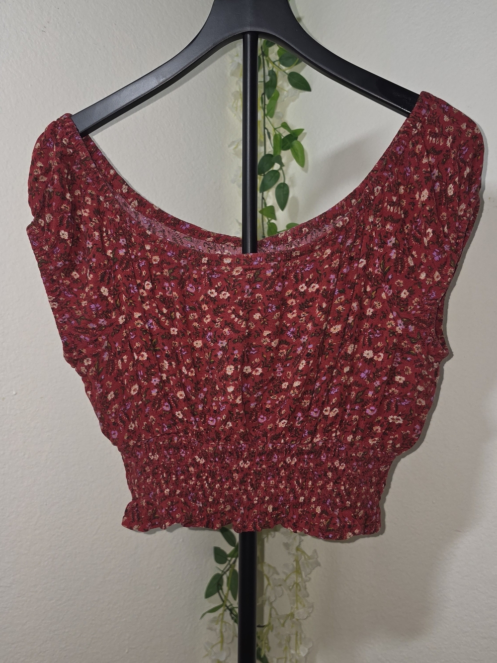 American Eagle Outfitters Burgundy Floral Smocked Crop Top